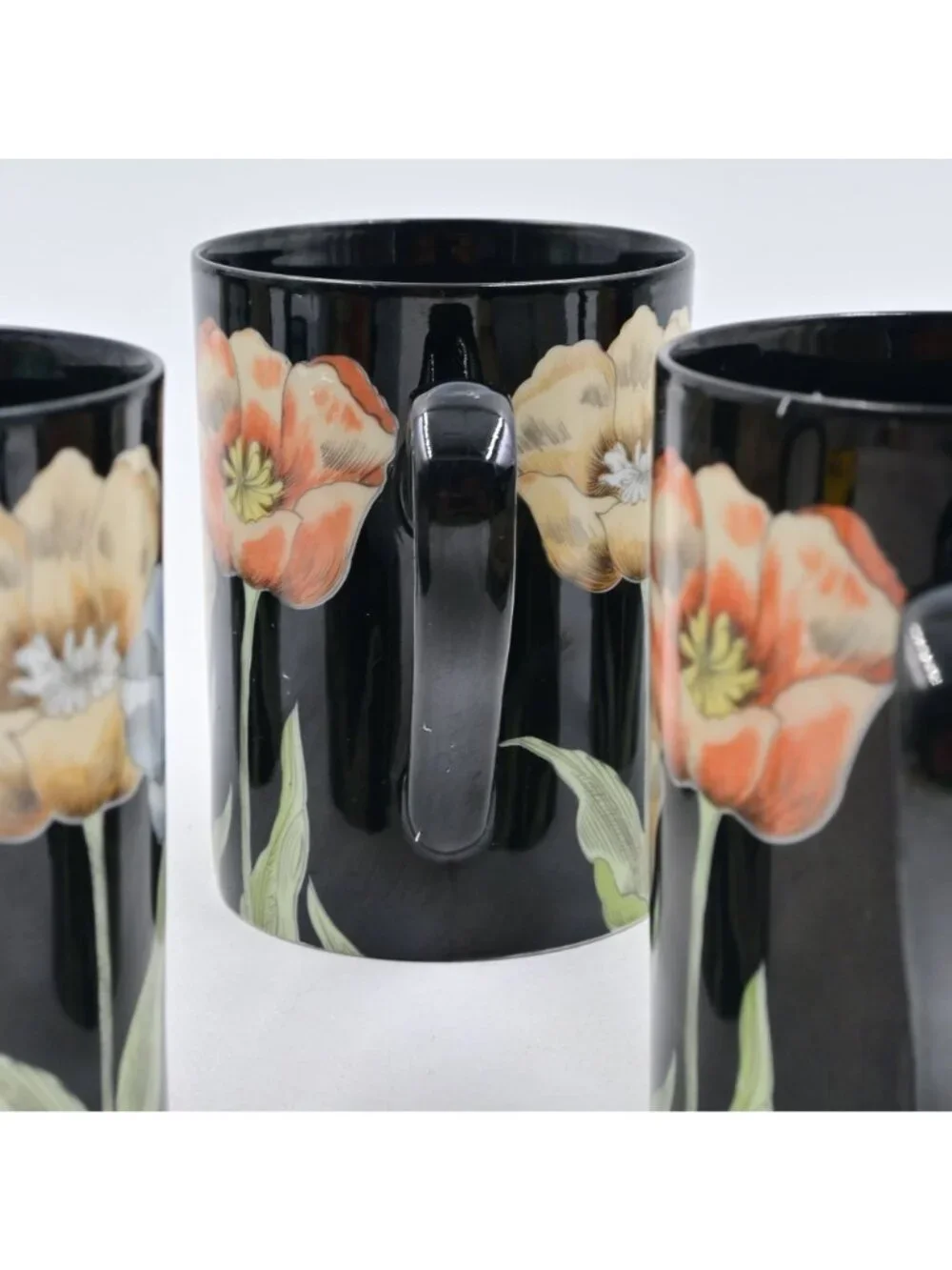 Fitz & Floyd Midnight Poppy Black Ceramic Floral Coffee Mugs Set Of 5